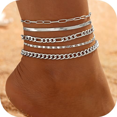 Image of iF YOU Gold Ankle Bracelets for Women, 14k Gold Plated Waterproof Cuban Link Chain Anklets Set, Layered Anklet Bracelets for Women Beach Gift Adjustable Size 5pcs