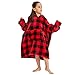 Teen Wearable Blanket Hoodie Red and Black Plaid Warm Oversized Sweatshirt Hooded Blanket Ideal for Family and Friends One Size Fits All