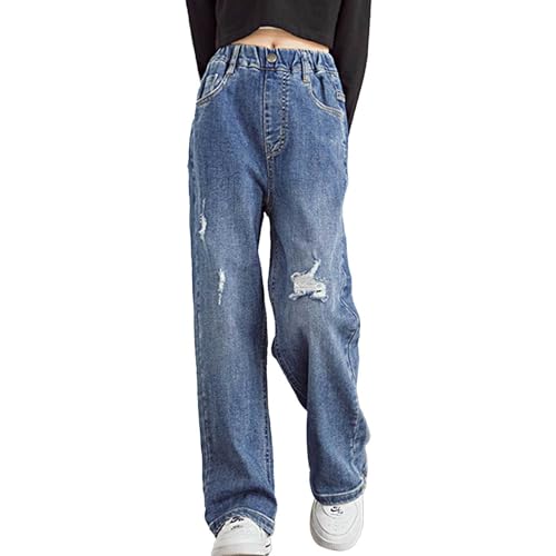 Kids Girls Ripped Distressed Washed Jeans High Waisted Straight Baggy Wide Leg Denim Pants Casual Wear