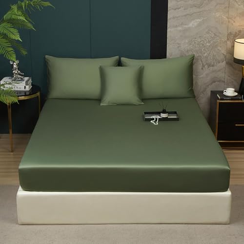Luofanfei Bambus Lyocell Spannbettlaken 90x200cm Grün Salbeigrün Boxspringbett Frottee Topper Glänzend Bambusfaser Bettlaken Spannbetttuch 90 x 200 Uni Spannbetttücher für Hohe Matratze bis 25-30 cm