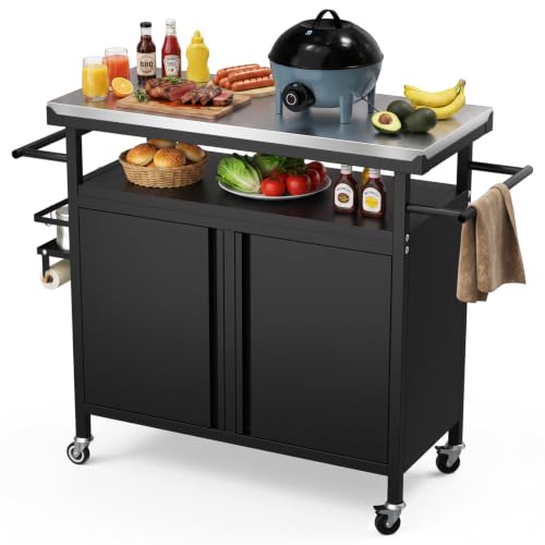 Outdoor Grill Cart Bar Cart with Storage Cabinet for Grilling Accessories