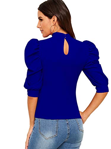 Romwe Women's Puff Half Sleeve Mock Neck Keyhole Back Slim Fit Blouse Tops Blue M #TOP1