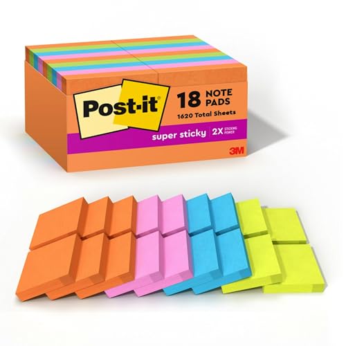 Post-it Notas superadhesivas, 1-7/20.3 cm x 1-7/20.3 cm, 18 blocs, 90 hojas/bloc, 2 veces el poder de adherencia, suministros de regreso a clases