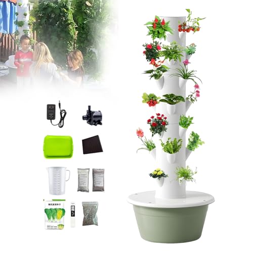 Hydroponic Tower Garden, pionowy aeroponiczny zestaw do uprawy z inteligentnym timerem i cichą pompką, oszczędność miejsca na zioła, owoce i warzywa, 5 warstw