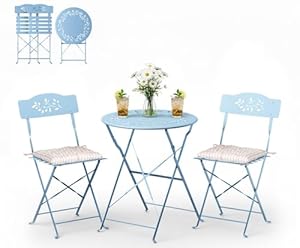 Bonnlo Bistroset 3-teilig aus Stahl mit Sitzkissen – Bistrotisch mit 2 Klappstühlen, Gartenmöbel Set, Durchbrochenes Olivenblatt-Design, Wetterbeständig, für Balkon, Garten & Wohnraum, Hellblau