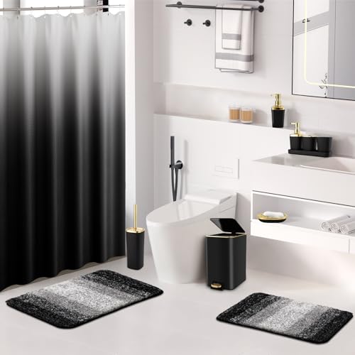 Bathroom Sets with Shower Curtain and Rugs Bathroom Accessories Set Black Bathroom Set,Soap Dispenser & Toilet Brush Holder Set with Stainless Steel Trash Can(23 PCS) by XLHOMO - Image 2