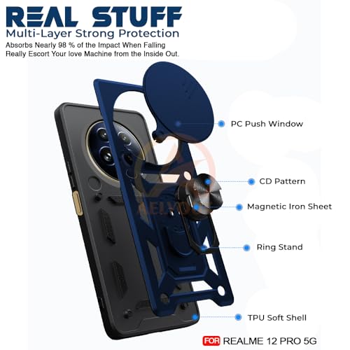 Image of Armor Bumper Back Cover Case for Realme 12 Pro /Pro Plus / P1 Pro 5G Rotating Camera Cover, Ring Holder & Kickstand | Heavy Duty & 360 Degree Protection Back Cover (Blue)