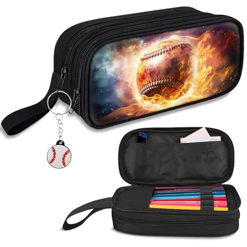Image of TILYTADLY Large Pencil Case for Boys - Baseball Boys Pencil Pouch with Zipper Compartments - Big Capacity Pen Box Pen Bag Organizer with Keychain for Kids Teens School