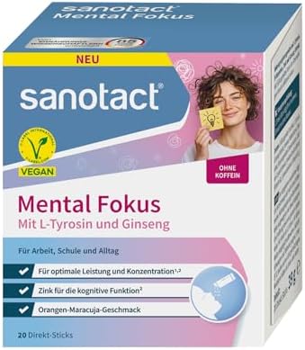 sanotact® Mental Fokus Direkt-Sticks – Mit L-Tyrosin, Ginseng & Zink | B-Vitamine für Energie & Konzentration | Vegan & ohne Koffein | Orange-Maracuja | 20 Sticks