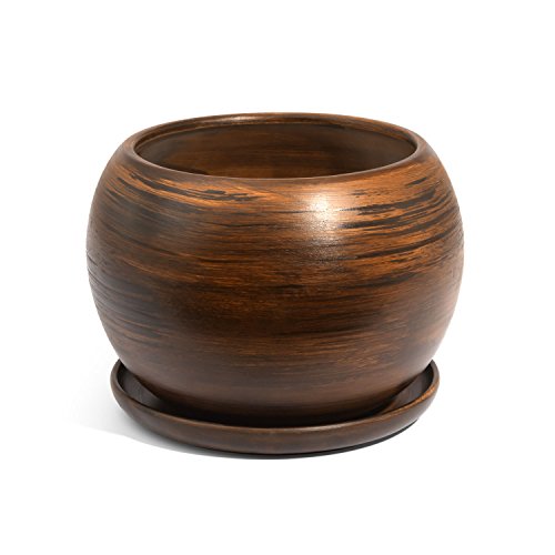 Keramik Blumentopf Unikat Kugel handbemalt D 150 mm braun inkl. Untersetzer