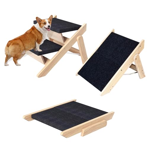Dog Stairs/Ramp for Bed, Wooden Convertible Pet Steps, Portable Dog Ladder Up to 180 Pound for Elderly/Short-Legged Dogs, 2 Steps for Beds, Couch, Cars