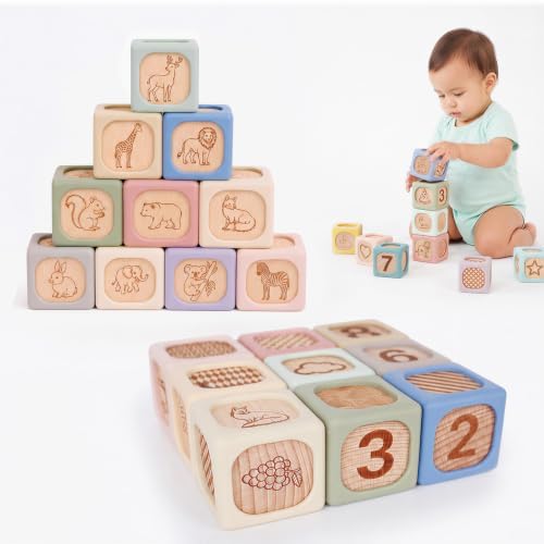 Baby Spielzeug ab 6 Monate, Montessori Bauklötze aus Silikon & Buchenholz