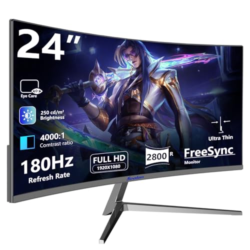 Sealan 24 Inch Curved Gaming Monitor 180hz Full HD 1080P Frameless AMD FreeSync Eye Care DisplayPort...