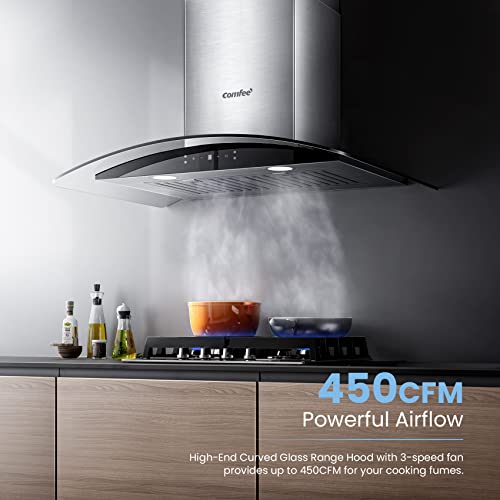 COMFEE' Curved Glass Range Hood 30 Inch 450 CFM 3 Speed Gesture Sensing &Touch Control Panel Stainless Steel kitchen Ductless/Ducted Convertible with Baffle Filters and 2 LED Lights (CVG30W9AST) by COMFEE' - Image 4