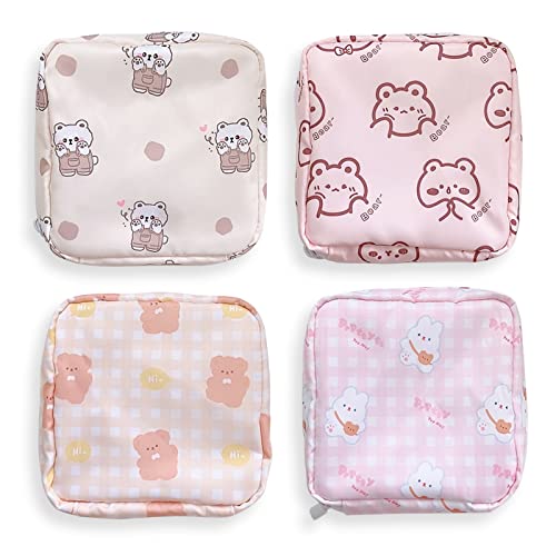 Lot de 4 sacs de rangement pour serviettes hygiéniques, portables et réutilisables, avec fermeture éclair, 12,7 x 12,7 cm, pour adolescentes, femmes (ours) Cover