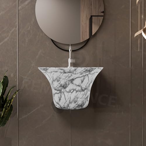Image of REMANENCE Luxury Wall Mount Half Pedestal Wash Basin for Bathroom | Designer Wall Hung Basin | Wall Mounted Washbasin for Resturent, Hotels (16 x 16 x 11 Inch) (White Black Stripe)