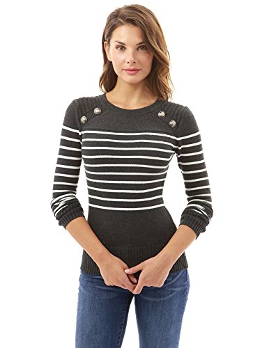 PattyBoutik Women Crewneck Striped Military Sweater (Dark Gray and Ivory Large) - Thumbnail 2