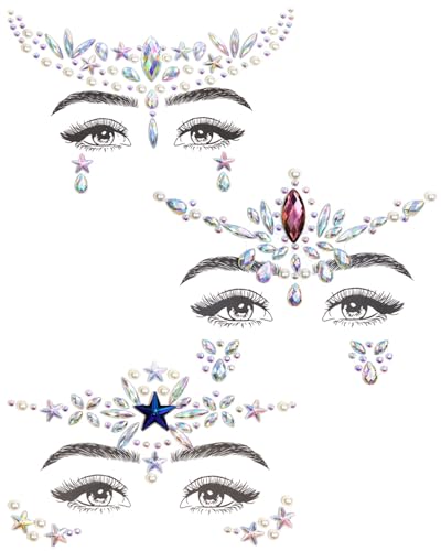 Zeayebsr 3pcs Visage Pierres précieuses Bâton Bijoux pour Femme Cosplay Sirène Halloween Rave Club Costume Visage Autocollant sur Rave Club Cadeau pour Enfants Costume Tatouages Temporaires Festival