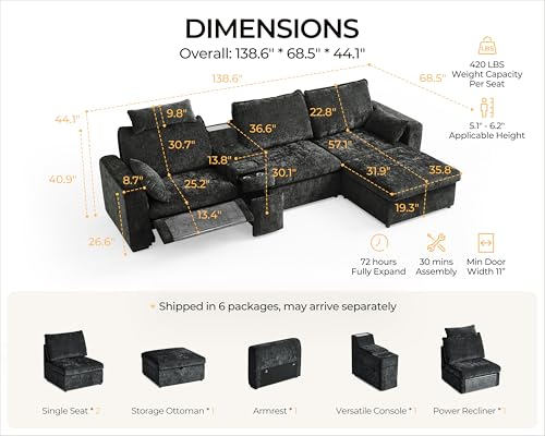Image of 138.6'' Oversized Power Recliner Sofa with Headrest, Modular Cloud Sectional Couch with Convertible Table, Charging, Drawer, Cup Holder, 4-Seater with Storage Ottoman, Chenille, Black