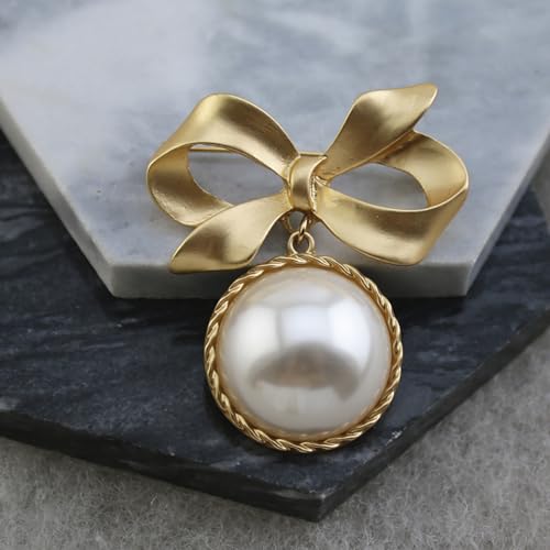 Image of Bow Knot Faux Pearl Brooch Pin for Women Girls 14k Golden Plated Bowknot Ribbon Lapel Brooches Pins Vintage Christmas Birthday Jewelry Gifts for Suit Dress Accessories