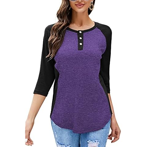 HOCOSIT Womens Raglan 3/4 Sleeve Tops Round Neck Color Block Henley Shirts Ladies Basic Button Blouse Deep Purple X-Large Cover