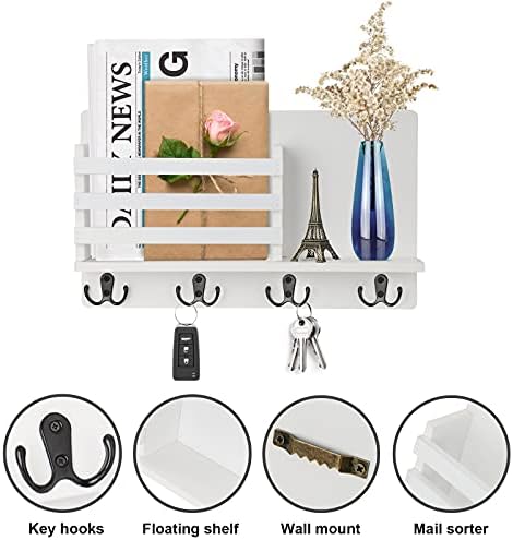 Wall Mount Entryway Key Holder Hooks,Wood Key Holder Organizer,Wall Mounted Mail Holder,Mail Envelope Organizer, Letter Sorter, Newspaper Storage, Ornament Home Decorative Floating Shelf (White)