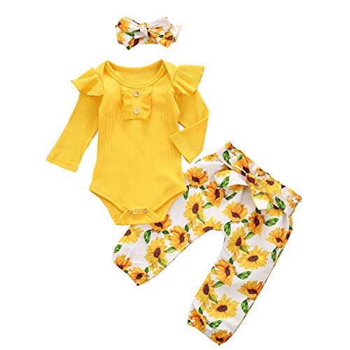 Bebé Niñas Ropa Conjuntos De Manga Larga Volante Sólido Mameluco Tops Pantalones Floral Diadema 3pcs Niños Otoño Trajes Cover