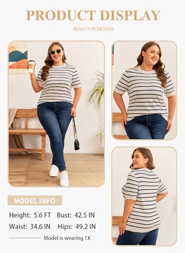 Image of Eytino Women Plus Size Sweater Tops Short Sleeve Crewneck Striped Tshirts Casual Summer Blouses Shirts(1X-5X)