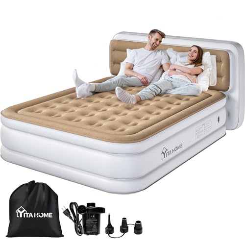 YITAHOME Queen Size Air Mattress with Pump and Banded Headboard 18in Luxury Flocked Top Blow up Mattress Durable Inflatable Mattress for Home & Guests Brown AirBed