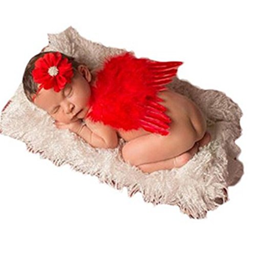 Mosunx Baby Angel Wing +Flower Headband Photography Props JunMing INC (Red)