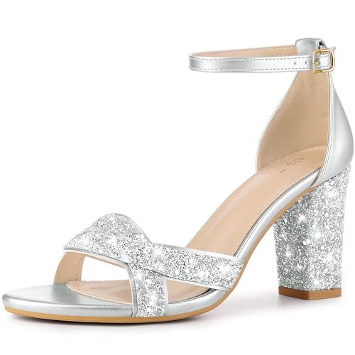 Allegra K Women's Glitter Ankle Strap High Chunky Heel Sandals