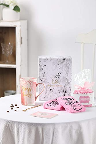 Rmeosye Boss Lady Gifts For Women, Boss Lady Coffee Mug, Funny Gifts For Mom, Boss, Wife, Sister, Aunt, Cousins, Friends, Coworker, 14 Oz Marble Ceramic Coffee Cup Set(Pink) #TOP4