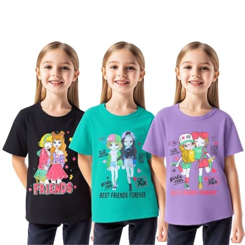 Image of HILEELANG Girl Short Sleeve Tee Shirts Cotton Casual Summer Graphic Tops T-Shirts Multipack