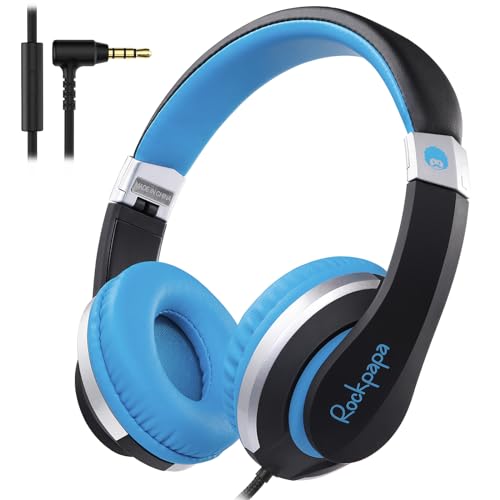 Rockpapa I20 Wired Headphones, Wired Headset On Ear Stereo Headphones with Microphone for Kids Children Adult, Adjustable Headband, Foldable Headphones for Travel/PC/Mac/Laptop/Phone (Black Blue)