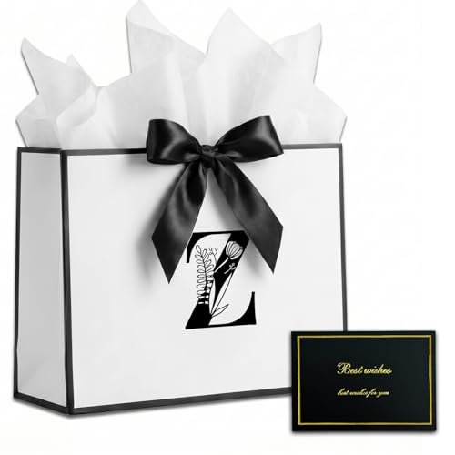 Alphabet Birthday Gift Bag, Initial Gift Bag with Card and Tissue Paper for Men Women, Large Black White Personalized Bow Bags for Bridal Party, Wedding, Graduation, Birthday Gifts Bags (Letter Z)