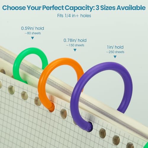 SLHINEMYI 150PCS Loose Leaf Binder Rings, Plastic Colorful Book Rings for Index Cards, 10 Colors 3 Sizes (0.59/0.78/1 Inch) Key Paper Ring for School/Office/Home DIY