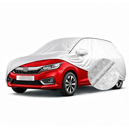Image of SEAZEN Waterproof Car Cover for Honda Amaze | Dustproof, UV & Scratch Resistant Soft Cotton Lining | Triple Stitched, Mirror Pockets & Elastic Hem | Metallic Silver with Black Piping
