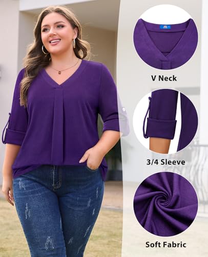 Plus Size Tops for Women V Neck Blouse Pleated Front Loose Fitting Tunic Top Dressy Casual Fall Clothes 2025