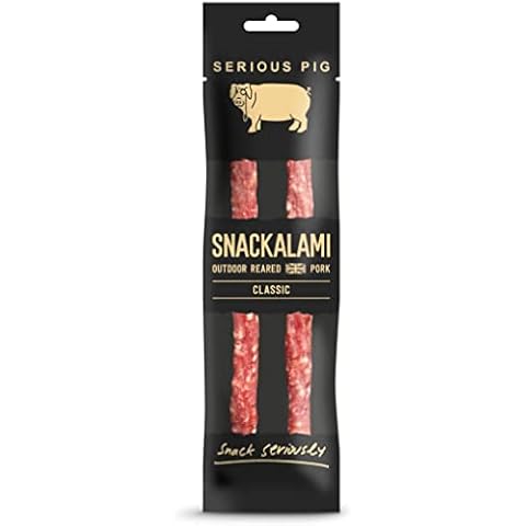 SERIOUS PIG - Salami Pub Snacks, Low Calorie, High Protein, Meaty, Made with Outdoor Reared British Pork, Savoury Salami Sticks (Snackalami) (Classic) (12 Pack) Cover