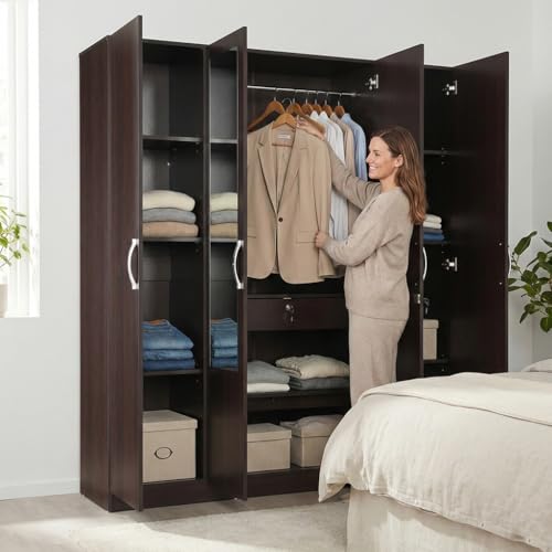 Image of HomeTown Willy Plus 4 Door Wardrobe Walnut (Brown)| Large Wooden Almirah for Bedroom Storage | 4 Door Closet Cabinet | Wardrobe Furniture India