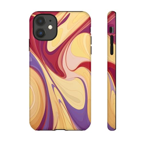 Coque iPhone 11 rigide brillante au motif abstrait tourbillonnant jaune et bordeaux