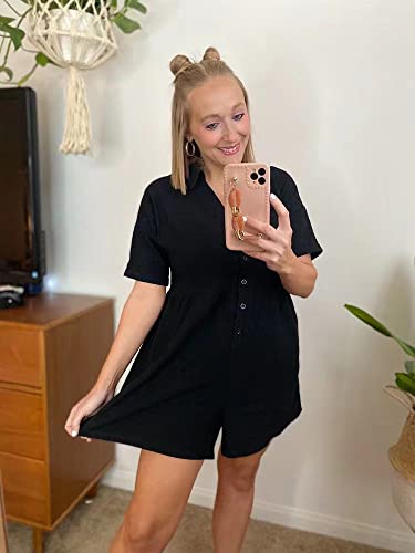Deep Self Summer Casual Brunch Outfits Jumpsuits Button Down Playsuits For Women All Black Short Sleeve V-Neck Shorts Rompers With Pockets #TOP1