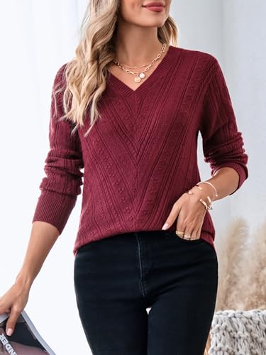Imily Bela Pullover für Damen Herbst Langarm,V-Ausschnitt,Schulterfrei,Leichter Ausgehöhlt Crochet Strickpullover(Weinrot,S)