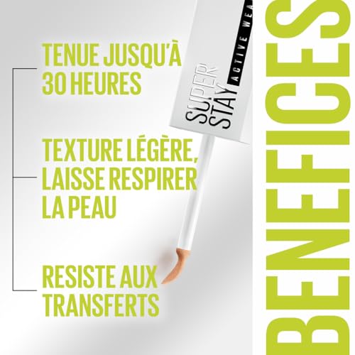 Maybelline New York - Correcteur Anti-Cernes - Longue Tenue jusqu'à 30H - Tous Types de Peaux - Superstay Active Wear - Teinte : Light (15) - 10 ml