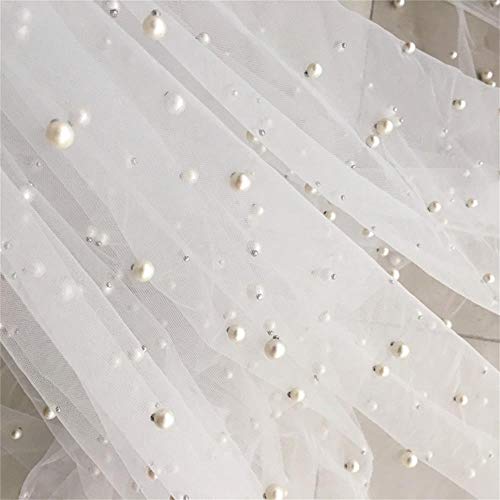 Net Tulle Mesh Lace Fabric Wedding Accessories Luxury Fabric Beaded Pearl Bead Lace Fabrics for DIY Wedding Veils Dresses Half Skirt Dress Curtains Table Clothes Background (Off White, 3 Yard)