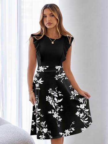 Image of YATHON Women's Vintage Ruffle Sleeve Floral A Line Cocktail Party Dresses