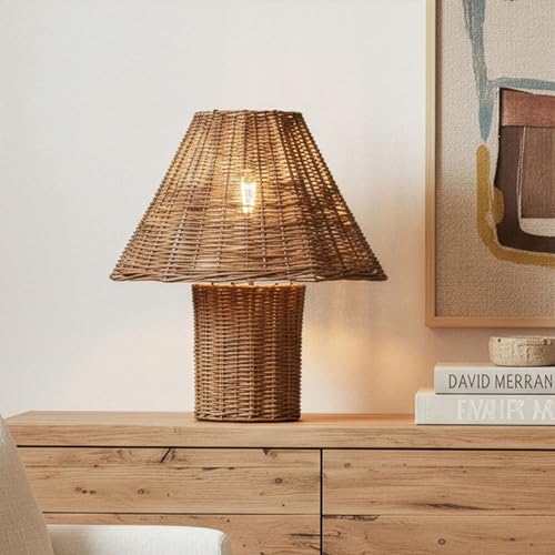 Brightech Leon Rattan 13" Table Lamp - Natural Woven Wicker Accent Lamp with Warm White LED Bulb, Small Boho Lamp for Living Room, Coastal Nightstand Light, Rustic Home Decor, Farmhouse Bedroom