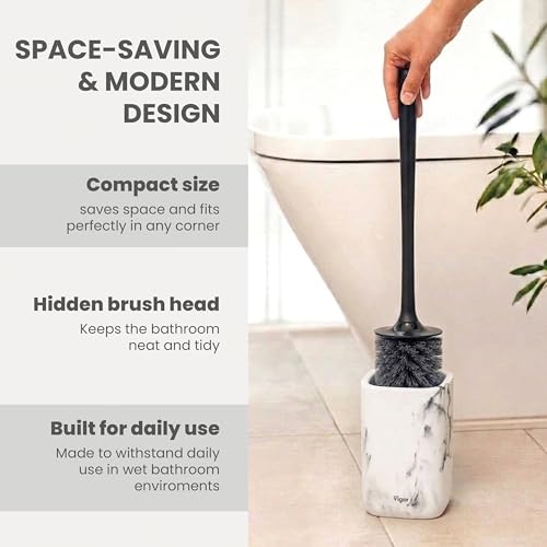 Image of Vigar Zense Toilet Brush and Holder Set, Polyresin Stone, White Marble | Toilet Bowl Brush and Holder, Compact Toilet Cleaner Brush for Bathroom Decor and Toilet Accessories Set