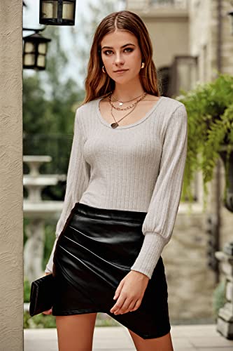Prettygarden Women's Pullover Sweaters Long Lantern Sleeve Casual Crew Neck Ribbed Knit Jumper Blouse Tops (Apricot,Small) #TOP3