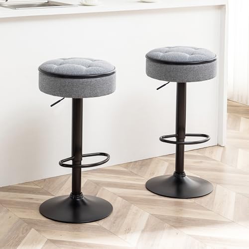 Round Storage Bar Stool Set of 2, Grey Linen Height Adjustable Barstool, 360°Counter Height Swivel Stool, Armless Bar Chair with Metal e for Kitchen Counter Dining Living Room -  AnhuaUSA